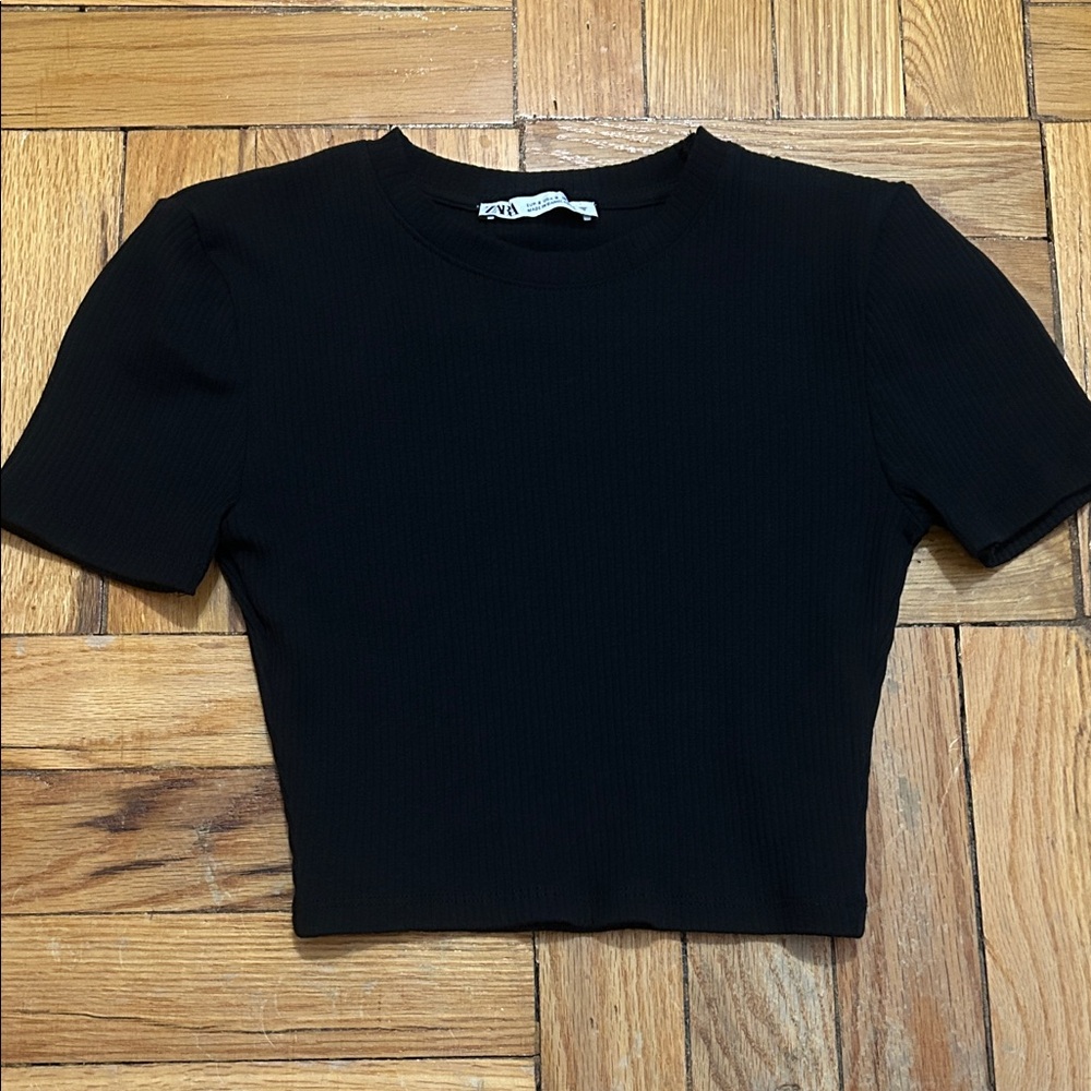 Zara Black Ribbed Crop Top Women’s Small Short Sleeve Tee